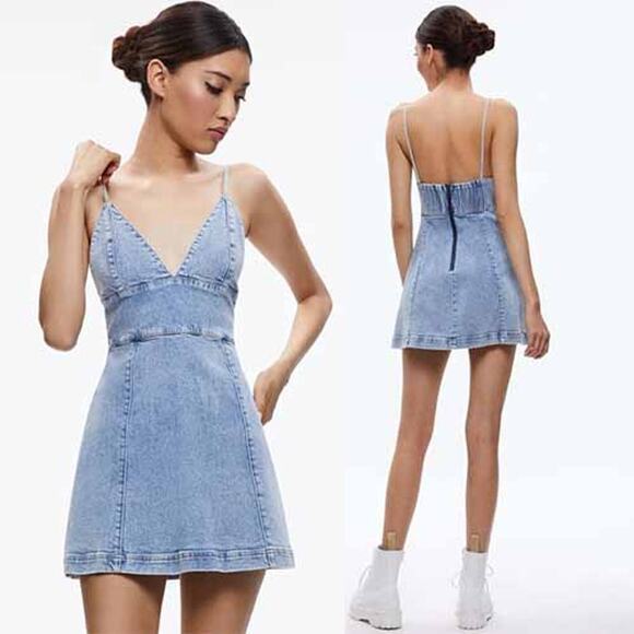 NEW Alice + Oliviia Carli Spaghetti Smocked V-neck Denim Mini Dress Blue Size: 0 - Picture 2 of 10